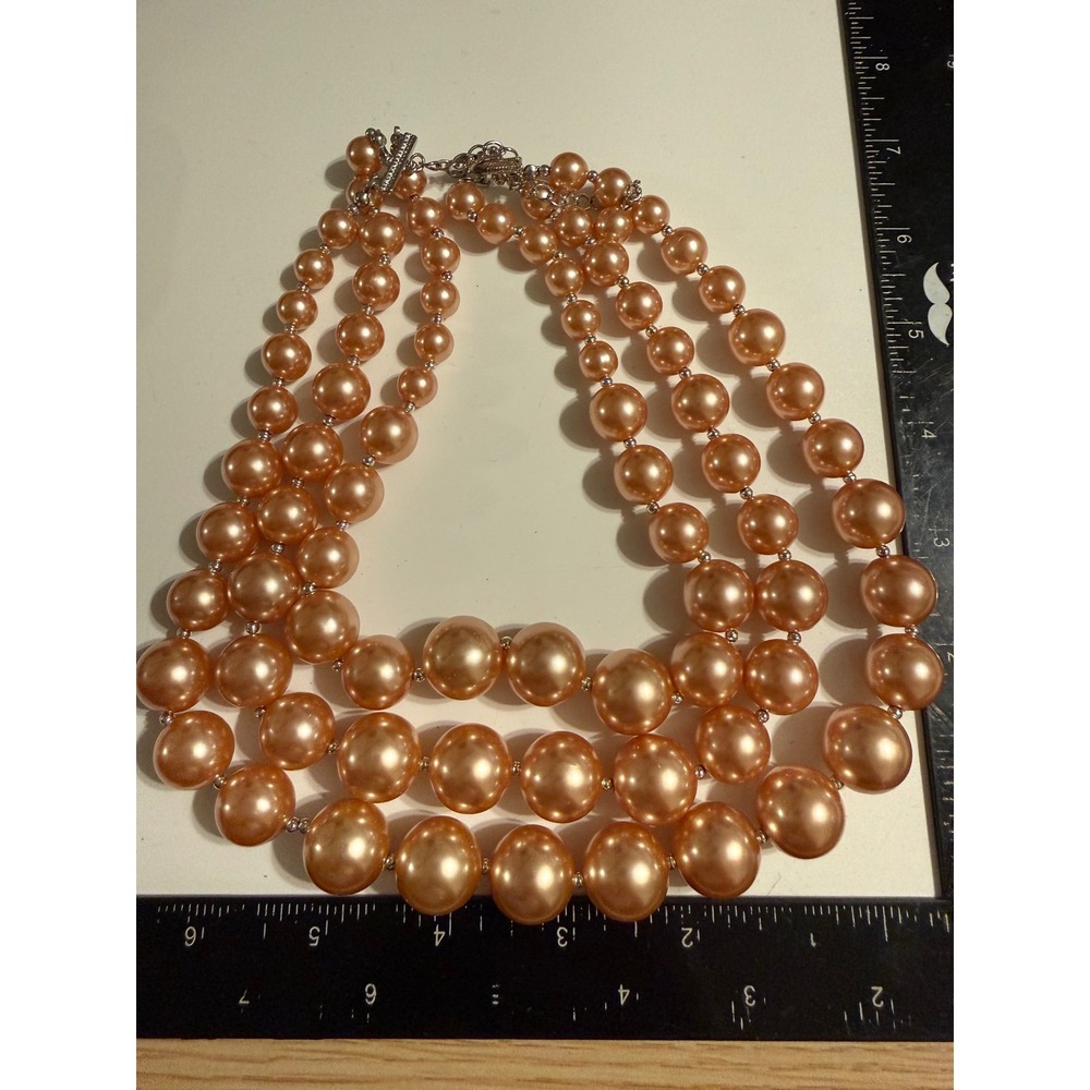 Peach Faux Pearl Three Strand Statement Necklace Silver Tone Graduated 18-21in